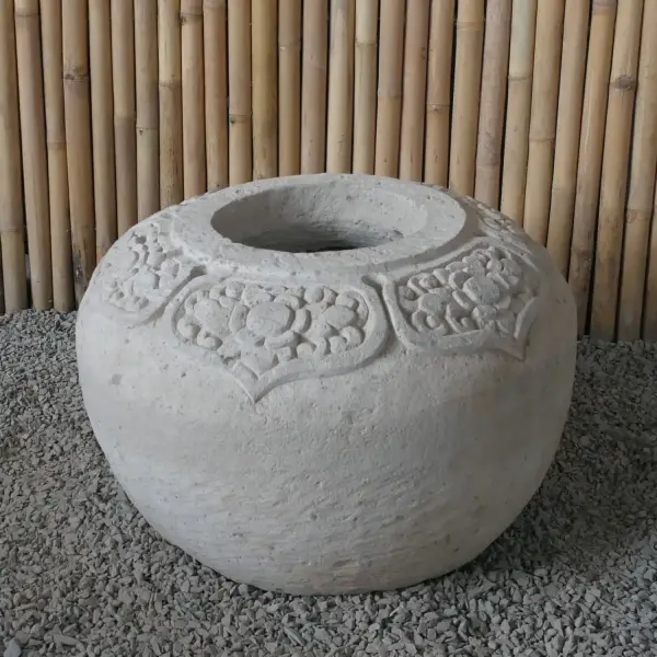 Product image 1 of the product “Balinese style flat round pot, with carving - 70cm Dia., 45 cm Height, Taro sand ”